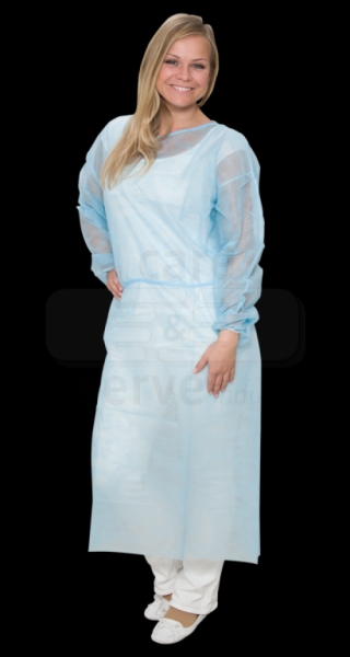 care&serve-Einwegschutz, Einweg-Vlies Kittel, Gummizugbündchen, Polybeutel, 23 g/m², 140 x 130 cm, Pkg á 10 Stück, VE = 100 Stück, blau