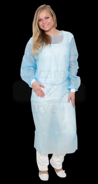 care&serve-Einwegschutz, Einweg-Vlies Kittel, Strickbündchen, Polybeutel, 23 g/m², 160 x 140 cm, Pkg á 10 Stück, VE = 100 Stück, blau