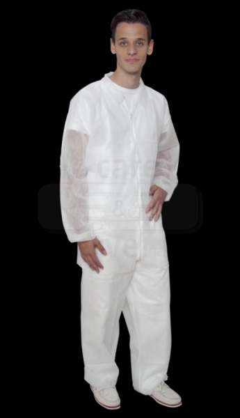 care&serve-Einwegschutz, Einweg-Vlies Jacke, kurz, Bänder im Nacken, Reißverschluss, Innentasche, 30 g/m², Polybeutel, 150 x 90 cm, VE = 50 Stück, weiß