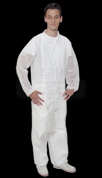 care&serve-Einwegschutz, Einweg-Vlies Jacke, lang, Bänder im Nacken, Reißverschluss, 30 g/m², Polybeutel, 145 x 115 cm, VE = 50 Stück, weiß