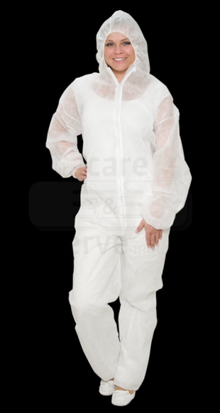 care&serve-Einwegschutz, Vlies-Einweg-Overall, Schutzanzug, Einmal-Schutzoverall, mit Kapuze, 32 g/m², 158 x 188 cm, VE = 50 Stück, weiß