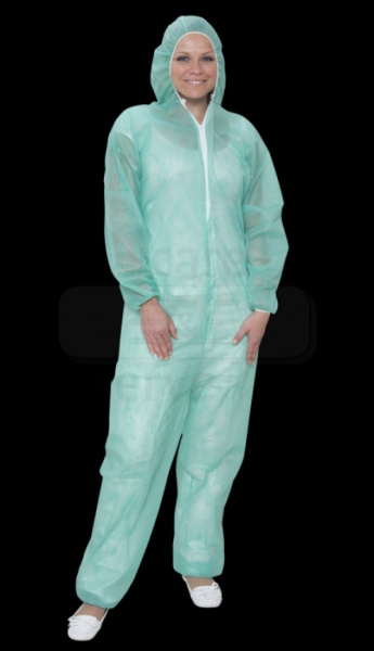 care&serve-Einwegschutz, Vlies-Einweg-Overall, Schutzanzug, Einmal-Schutzoverall, mit Kapuze, 32 g/m², 150 x 183 cm, VE = 50 Stück, grün