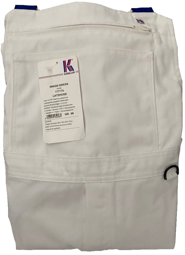Gr.98 KÜBLER Image Dress  Latzhose Arbeitslatzhose Berufslatzhose Workerhose Arbeitshose Berufshose Blaumann s weiß kornblau
