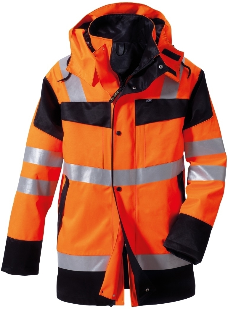 Gr.60/62 ROFA Warnschutzparka Warnschutz Warnkleidung Silkroad Gore Tex leuchtorange schwarz ca 280 g