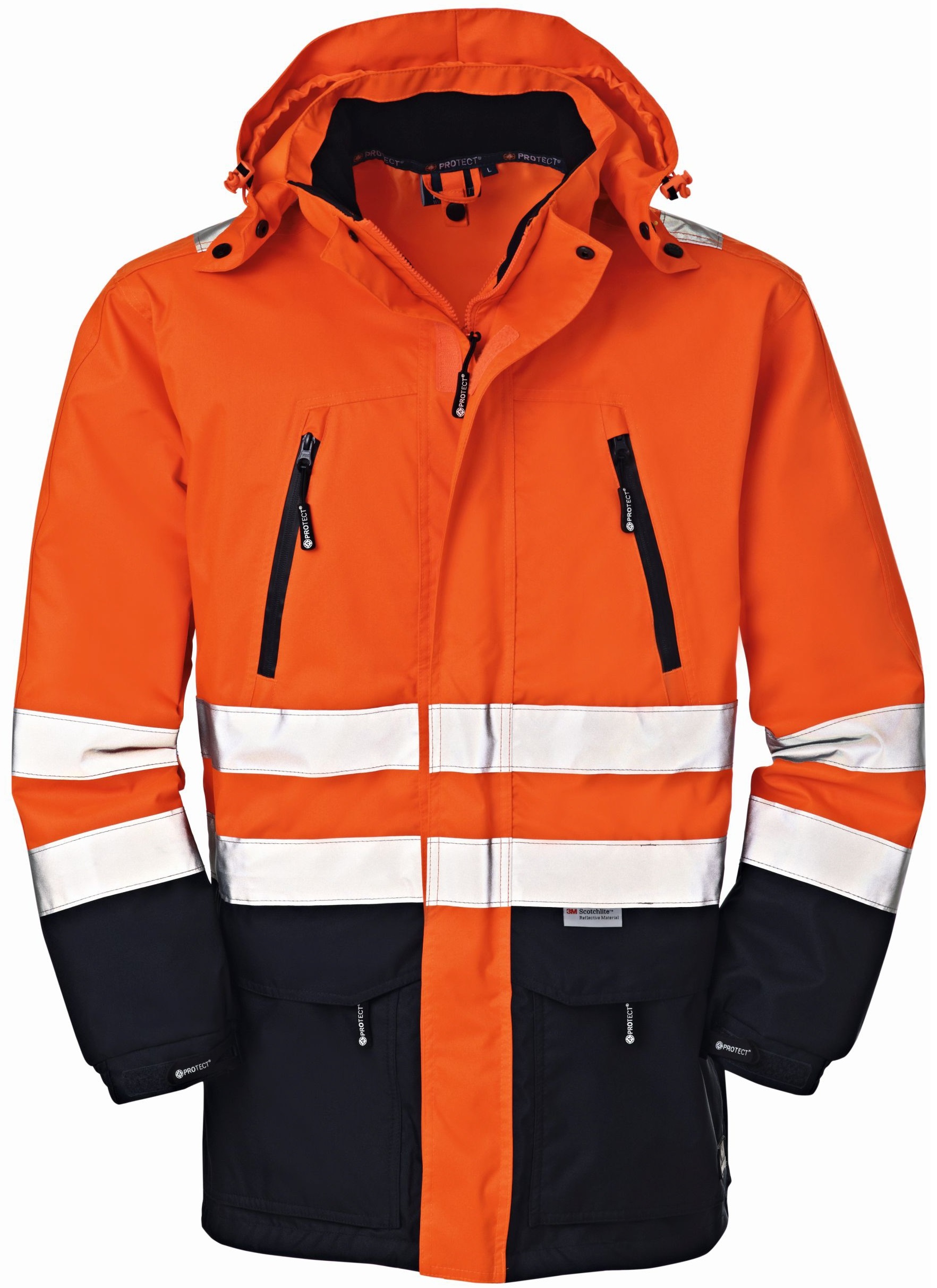BIG-4-Protect-Workwear, Arbeits-Warnschutz-Jacke, Warn-Wetterschutz-Jacke, Detroit, leuchtorange/navy