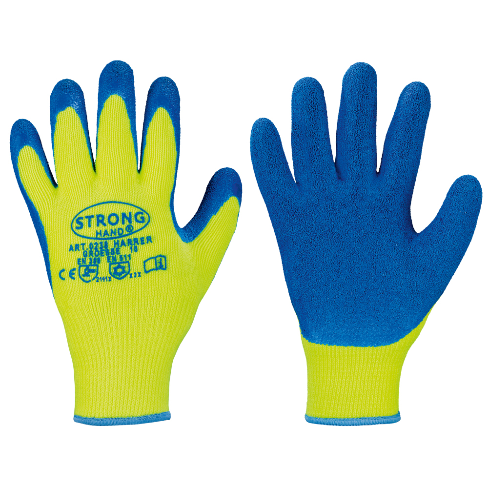 F-STRONGHAND-Handschutz, Mittelstrick, Acryl, Latex beschichtet, Arbeitshandschuhe, *HARRER*, Pkg.a`12 , gelb/blau