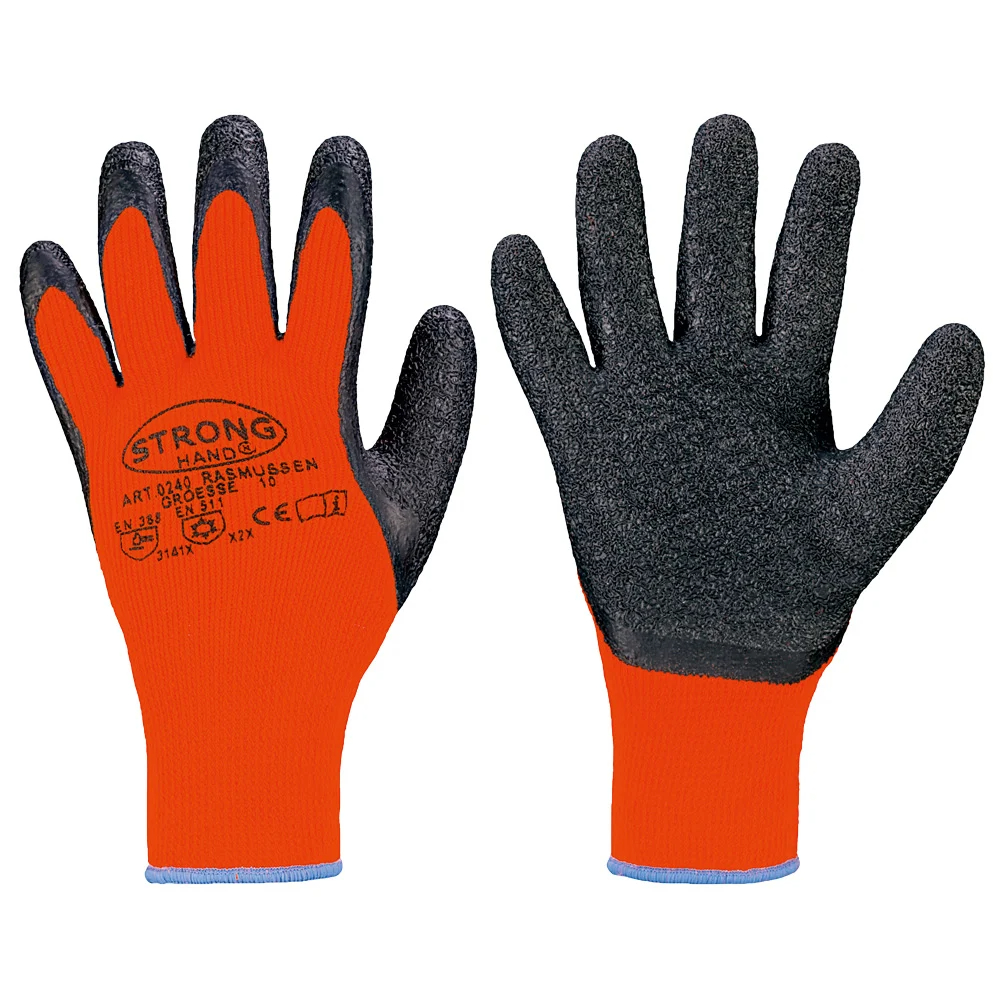 F-STRONGHAND-Handschutz, Mittelstrick, Acryl, Latex beschichtet, Arbeitshandschuhe, *RASMUSSEN*,  Pkg.a`12 , schwarz/orange