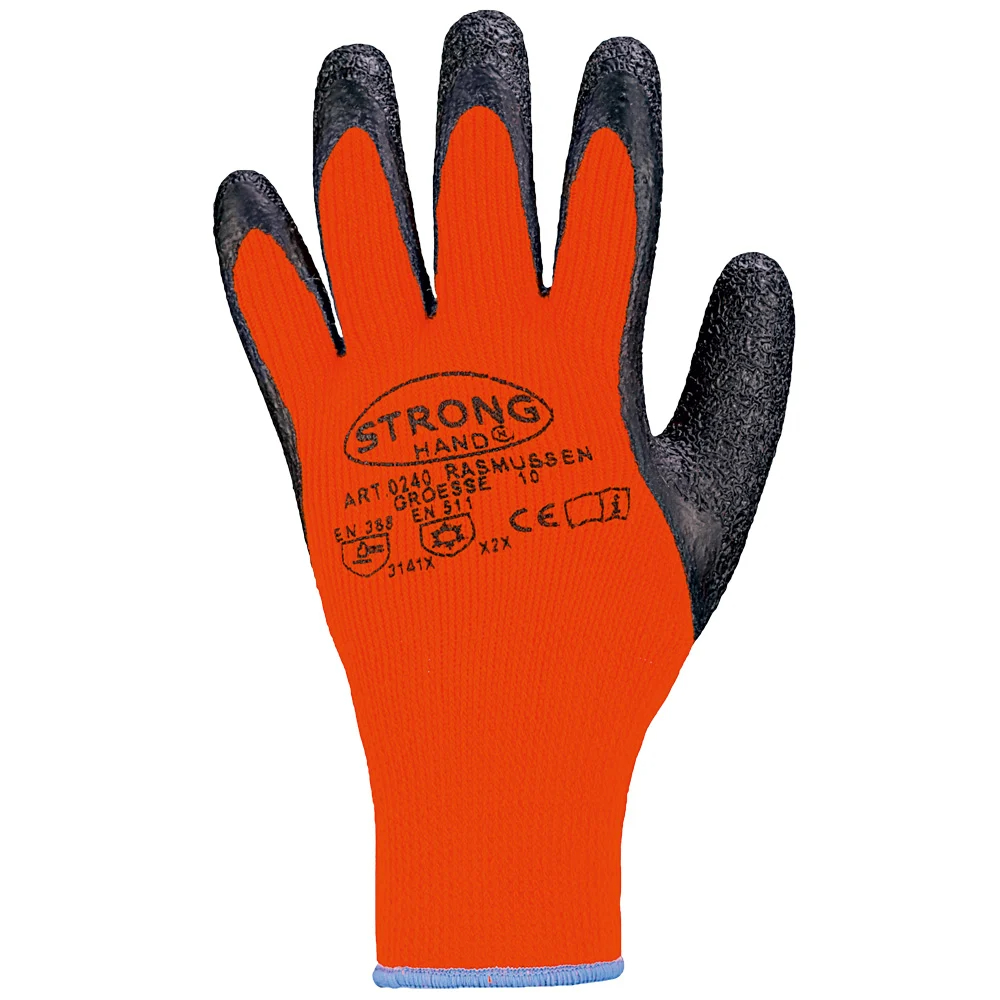 F-STRONGHAND-Handschutz, Mittelstrick, Acryl, Latex beschichtet, Arbeitshandschuhe, *RASMUSSEN*,  Pkg.a`12 , schwarz/orange