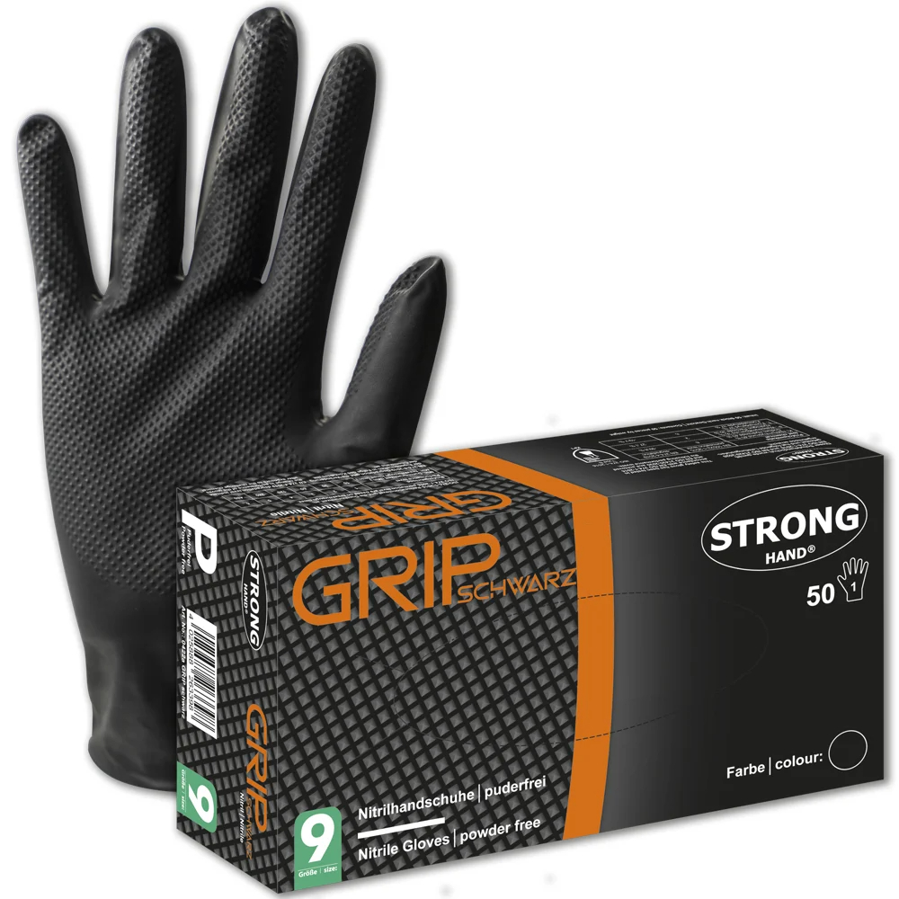 F-STRONGHAND-Einwegschutz,  Nitril-Einweghandschuhe, puderfrei, *GRIP SCHWARZ*,Spenderbox á 50 Stück, VE: 10 Boxen, schwarz