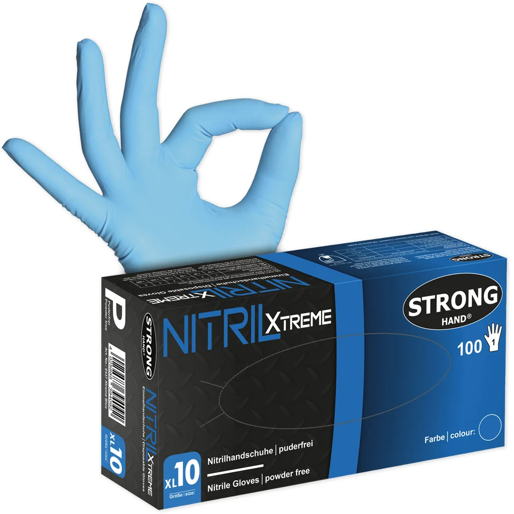 F-STRONGHAND-Einwegschutz,  Nitril, Arbeitshandschuhe *XTREME BLUE* , ungepudert, Spenderbox á 100 Stück, VE: 10 Boxen, blau