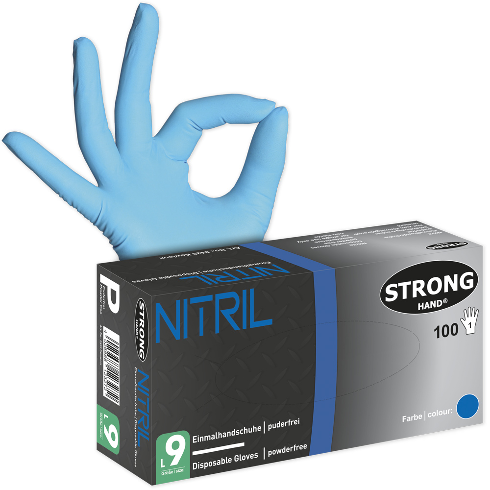 F-STRONGHAND-Einwegschutz,  Nitril-Einweghandschuhe, puderfrei, *KOWLOON*,Spenderbox á 100 Stück, VE: 10 Boxen. blau