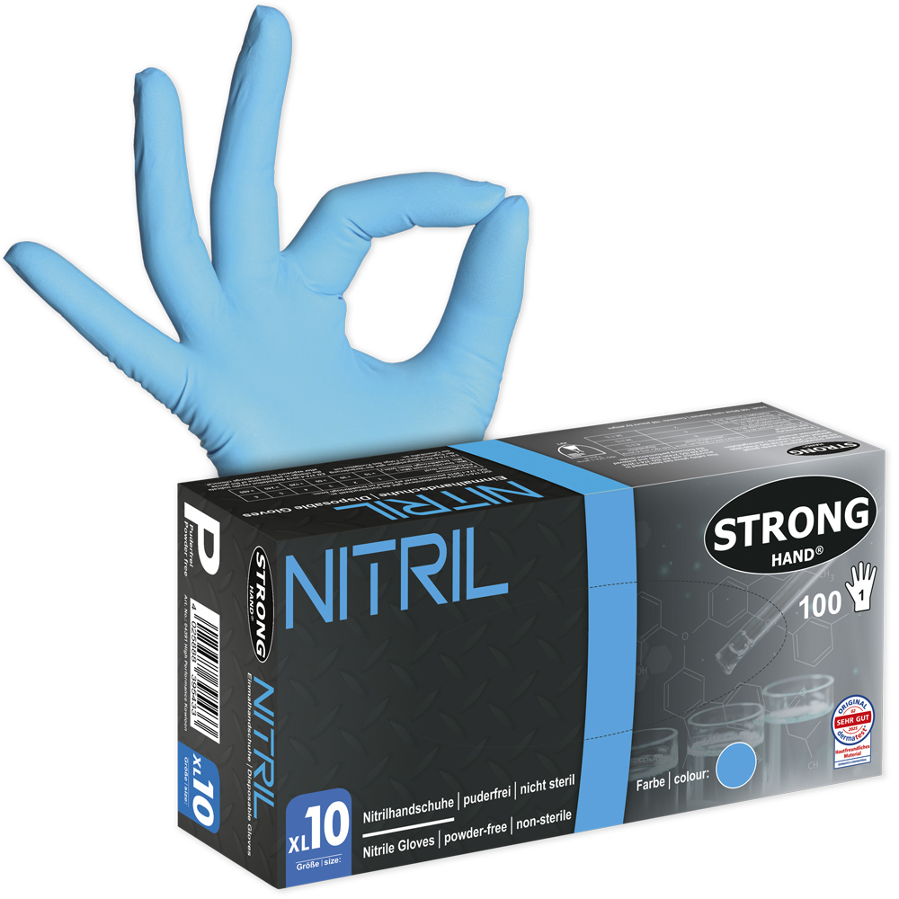 F-STRONGHAND-Einwegschutz,  Nitril-Einweghandschuhe, puderfrei, *STANDARD KOWLOON*,Spenderbox á 100 Stück, VE: 10 Boxen. blau