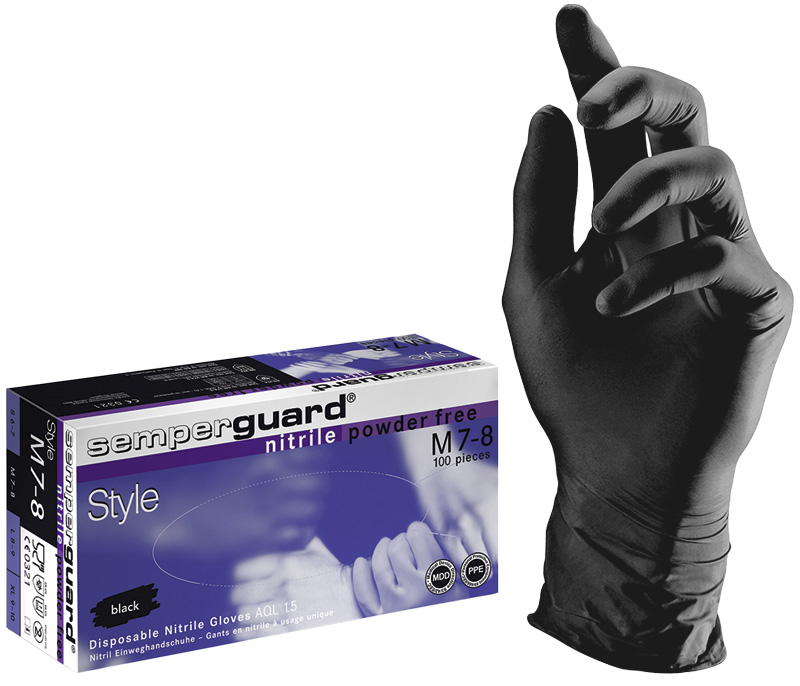 F-SEMPERMED-Hygiene, Einweghandschuhe, Einmal-Nitril-Untersuchungs-Handschuhe, SEMPERGUARD Nitrile Style, puderfrei, schwarz, Pkg á 100 Stück VE = 1 Pkg.