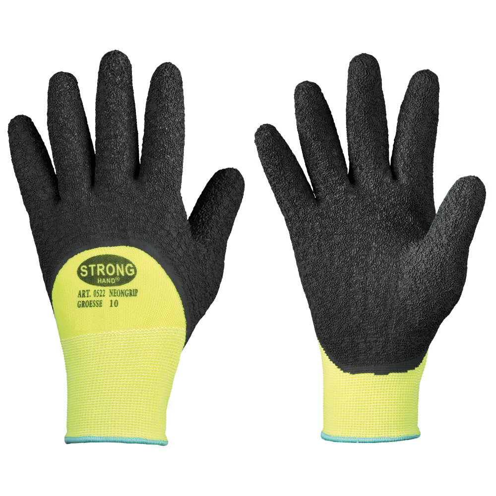 F-STRONGHAND-Handschutz, Latex, Arbeitshandschuhe,  *NEONGRIP*, Pkg.a`12  schwarz/neongelb