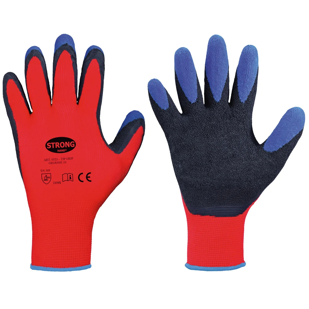 F-STRONGHAND-Handschutz, Feinstrick, Arbeitshandschuhe, *TIP GRIP*, Pkg.a`12 , rot/schwarz/blau