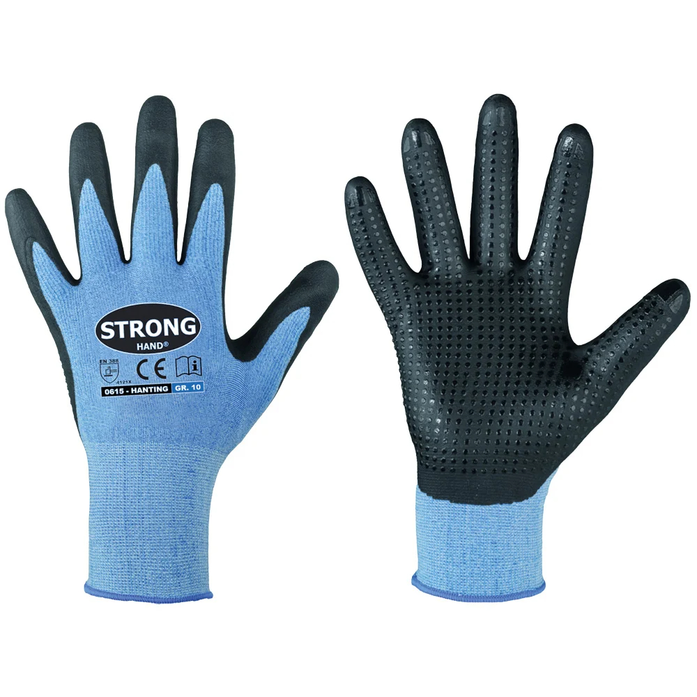 F-STRONGHAND-Handschutz, Polyester, Nitrilbeschichtung, mit Noppen, Arbeitshandschuhe, *HANTING*, Pkg.a`12, blau