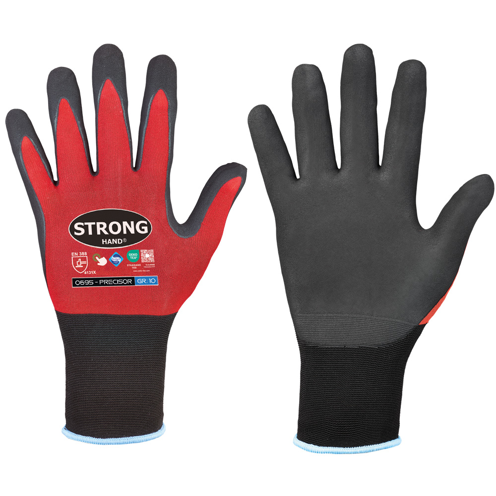 F-STRONGHAND-Handschutz, Nylon, Nitrilbeschichtung, Arbeitshandschuhe,*PRECISOR*, Pkg.a`12, rot/schwarz