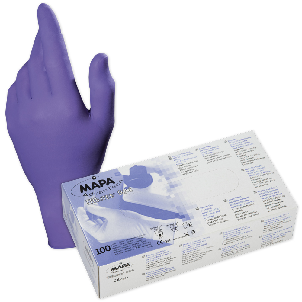 F-MAPA-Einwegschutz, *TRILITES 994*,  Latex/Neopren/Nitril Einweghandschuhe, violett, Spenderbox á 100 Stück, VE: 10 Boxen