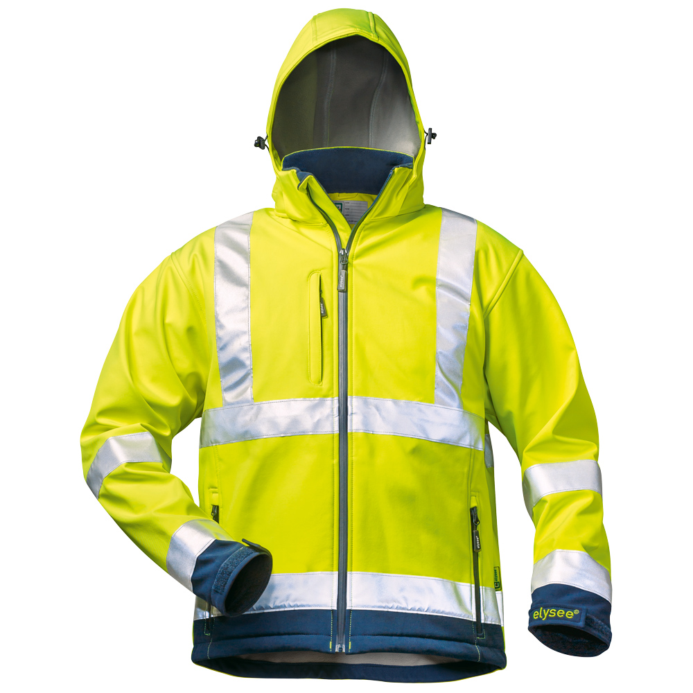 F-ELYSEE-Warnschutz, Warnschutz-Softshell Jacke, *LIAM*, fluoreszierend gelb/marine