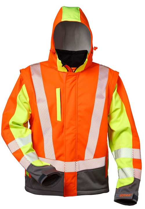 F-ELYSEE-Warnschutz, Warn-Softshell Jacke, *ATANAS*, fluoreszierend orange/gelb/grau