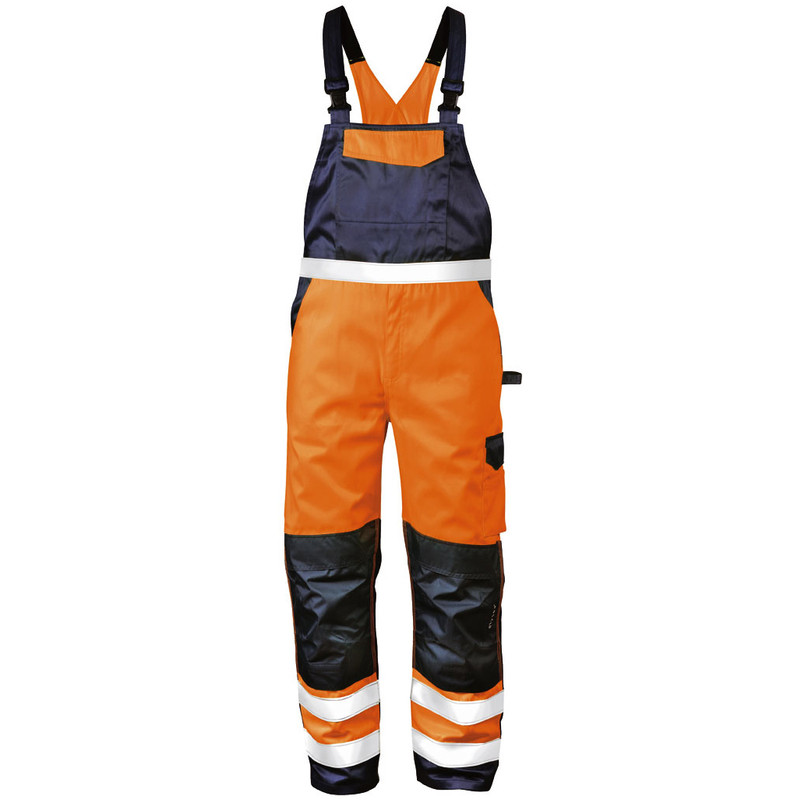 F-ELYSEE-Workwear, Warnschutz-Latzhose, *LASSE*, fluoreszierend orange/marine abgesetzt