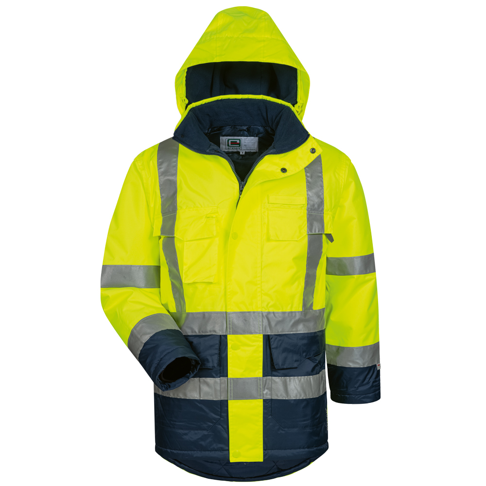 F-ELYSEE-Warnschutz, Warnschutz-Parka, *JANNIS*, fluoreszierend gelb/marine abgesetzt