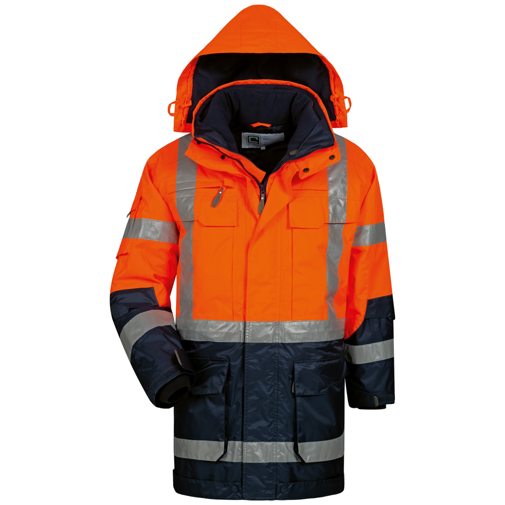 F-ELYSEE-Warnschutz, 4 in 1-Warnschutz-Parka, *WALLACE*, fluoreszierend orange/marine abgesetzt