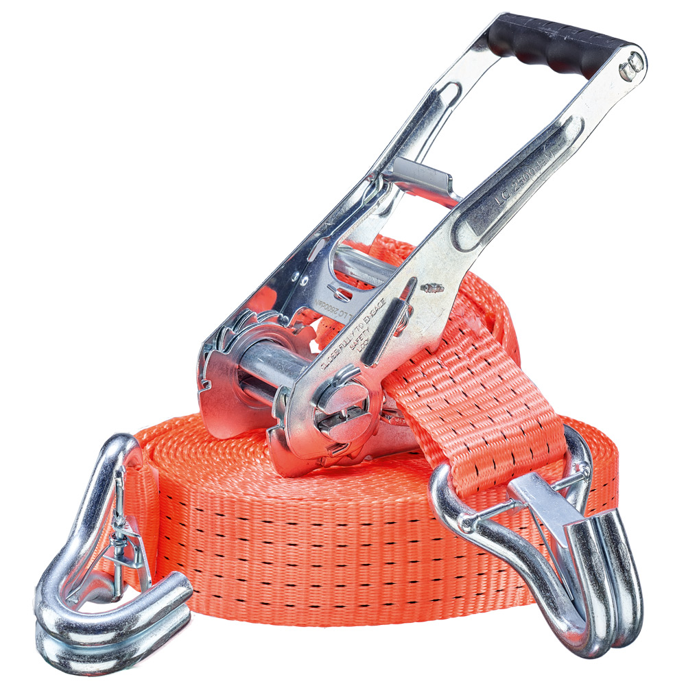 F-Feldtmann-Betriebsbedarf, RATSCHEN-ZURRGURT, 2-TEILIG MIT SPITZHAKEN + SICHERUNGSFEDER, 50 MM, LC 2000 daN, FARBE ORANGE, TECTOR®