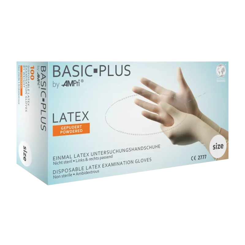 AMPRI-Einwegschutz, Einweg-Latex-Handschuhe, BASIC PLUS  gepudert, VE = Pkg. á 100 Stück, weiß