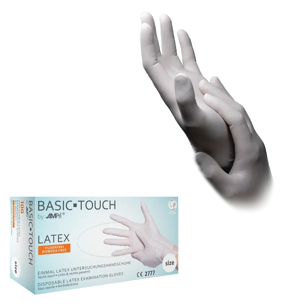 AMPRI-Einwegschutz, Einweg-Latex-Untersuchungshandschuhe, BASIC-TOUCH, puderfrei, unsteril, 240 mm lang, VE = Pkg. á 100 Stück, hell-beige