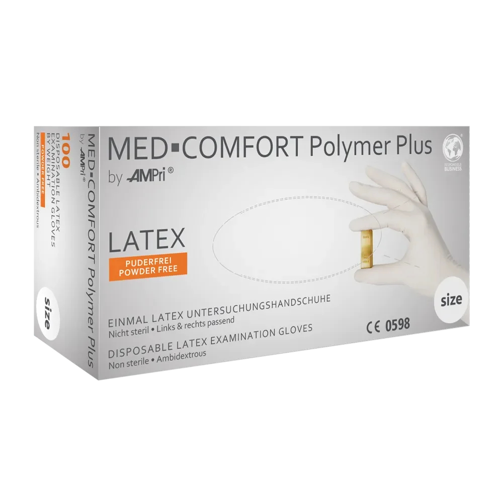 AMPRI-Einwegschutz, Hygiene, Einweg-Latex-Untersuchungs-Handschuhe, Einmalhandschuhe, POLYMER PLUS, puderfrei, VE = 10 Pkg. á 100 Stück