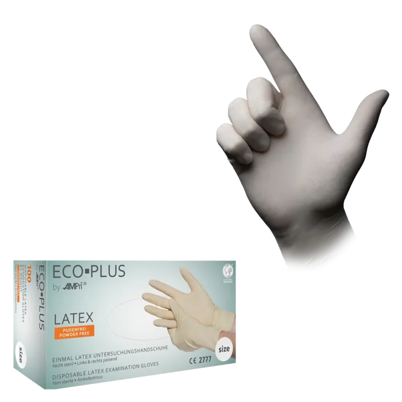 AMPRI-Einwegschutz, Einweg-Latex-Untersuchungshandschuhe, ECO PLUS, puderfrei, unsteril, VE = Pkg. á 100 Stück, transparent
