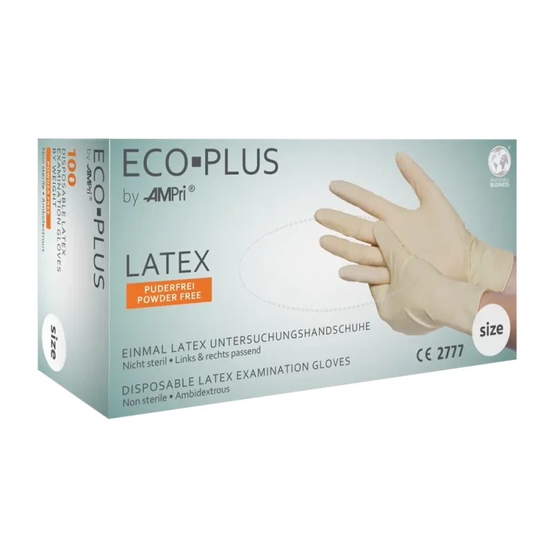 AMPRI-Einwegschutz, Einweg-Latex-Untersuchungshandschuhe, ECO PLUS, puderfrei, unsteril, VE = Pkg. á 100 Stück, transparent