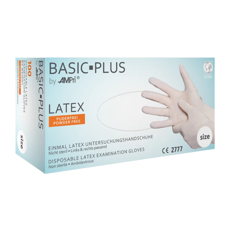 AMPRI-Einwegschutz, Einweg-Latex-Handschuhe, BASIC PLUS, puderfrei, unsteril, VE = Pkg. á 100 Stück, weiß