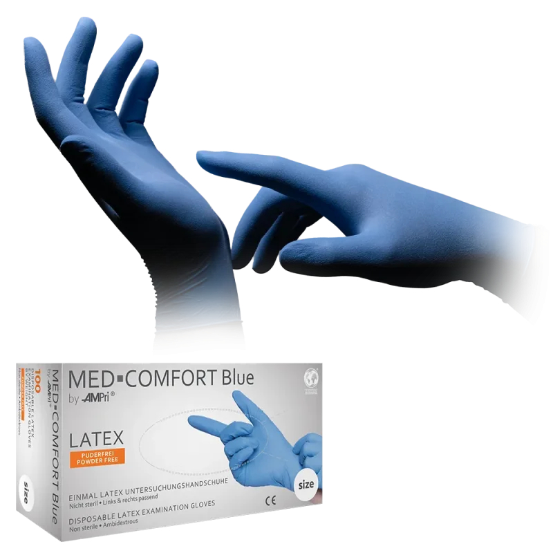 AMPRI-Einwegschutz, Einweg-Latex-Untersuchungshandschuhe, puderfrei, unsteril, blau, Pkg. á 100 Stück, VE = 1 Pkg.