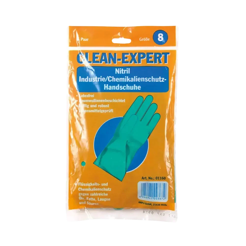 AMPRI-Einwegschutz, Niril-Industriehandschuhe, CLEAN EXPERT NITRIL, chloriert, latexfrei, baumwollbeflockt, VE = Pkg. á 12 Paar, grün