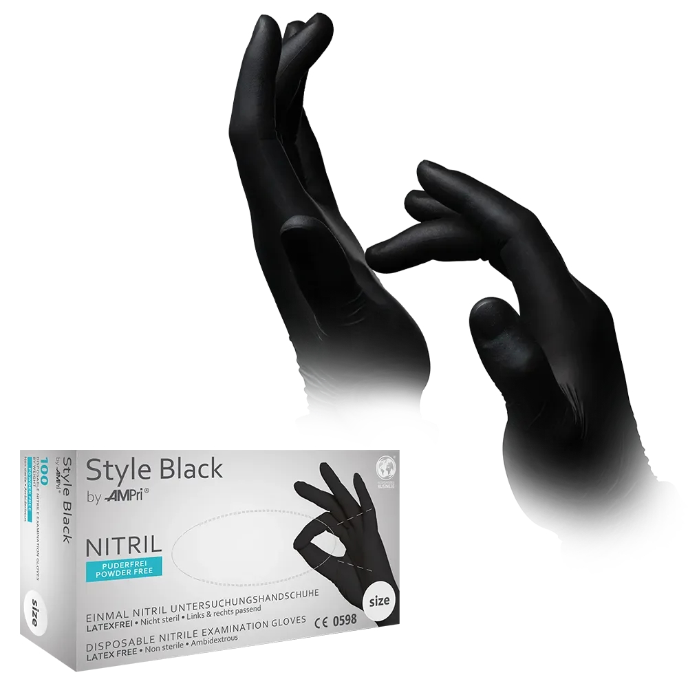 AMPRI-Einwegschutz, Einweg-Nitril-Untersuchungs-Handschuhe, Einmalhandschuhe, STYLE BLACK, ungepudert, schwarz, VE =10 Pkg. á 100 Stück