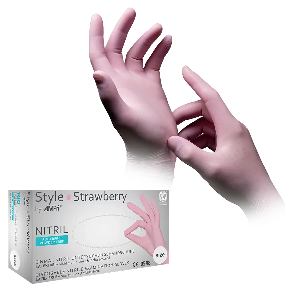 AMPRI-Einwegschutz, inweg-Nitril-Untersuchungs-Handschuhe, Einmalhandschuhe, STYLE STRAWBERRY, puderfrei, rosa, VE = 10 Pkg. á 100 Stück