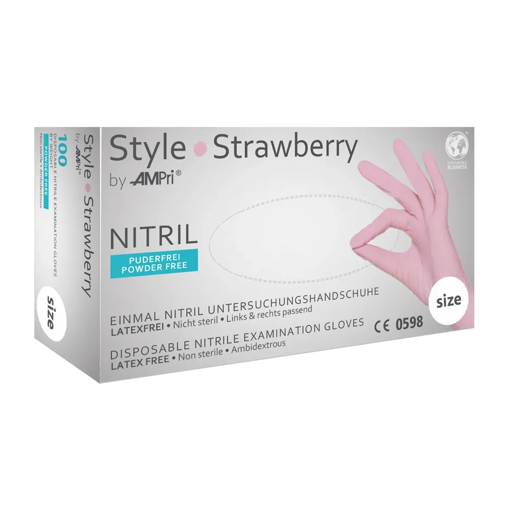 AMPRI-Einwegschutz, inweg-Nitril-Untersuchungs-Handschuhe, Einmalhandschuhe, STYLE STRAWBERRY, puderfrei, rosa, VE = 10 Pkg. á 100 Stück