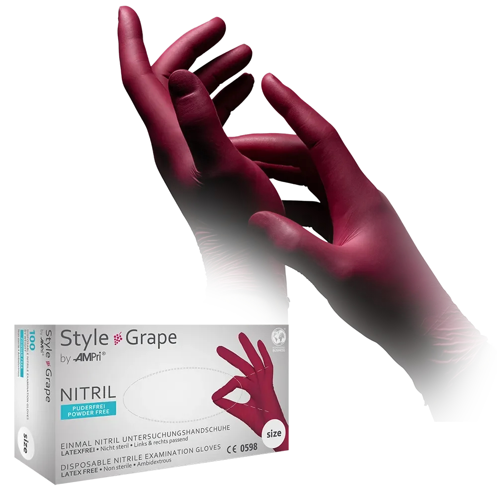AMPRI-Einwegschutz, Einweg-Nitril-Untersuchungs-Handschuhe, Einmalhandschuhe, STYLE GRAPE,  puderfrei,  bordeaux, VE = 10 Pkg. á 100 Stück