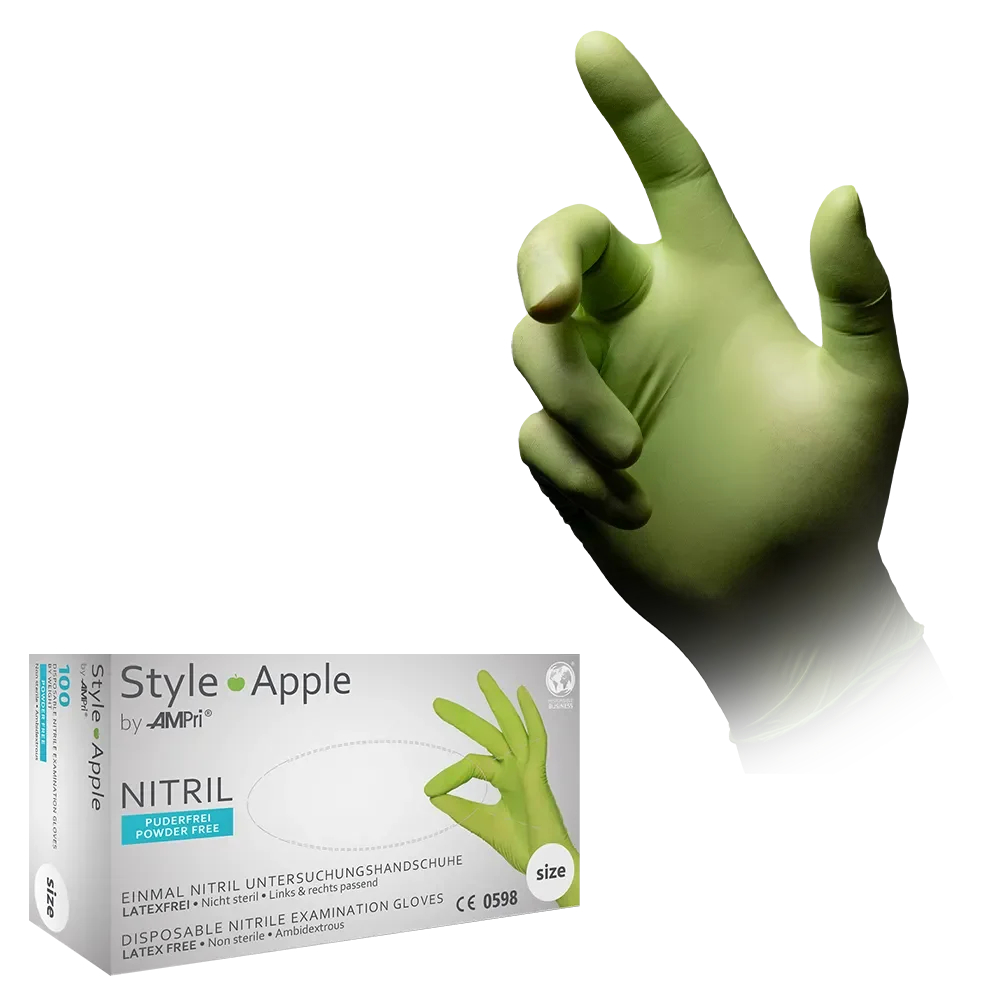 AMPRI-Einwegschutz, Einweg-Nitril-Untersuchungs-Handschuhe, Einmalhandschuhe, STYLE APPLE, puderfrei, apfelgrün, VE = 10 Pkg. á 100 Stück