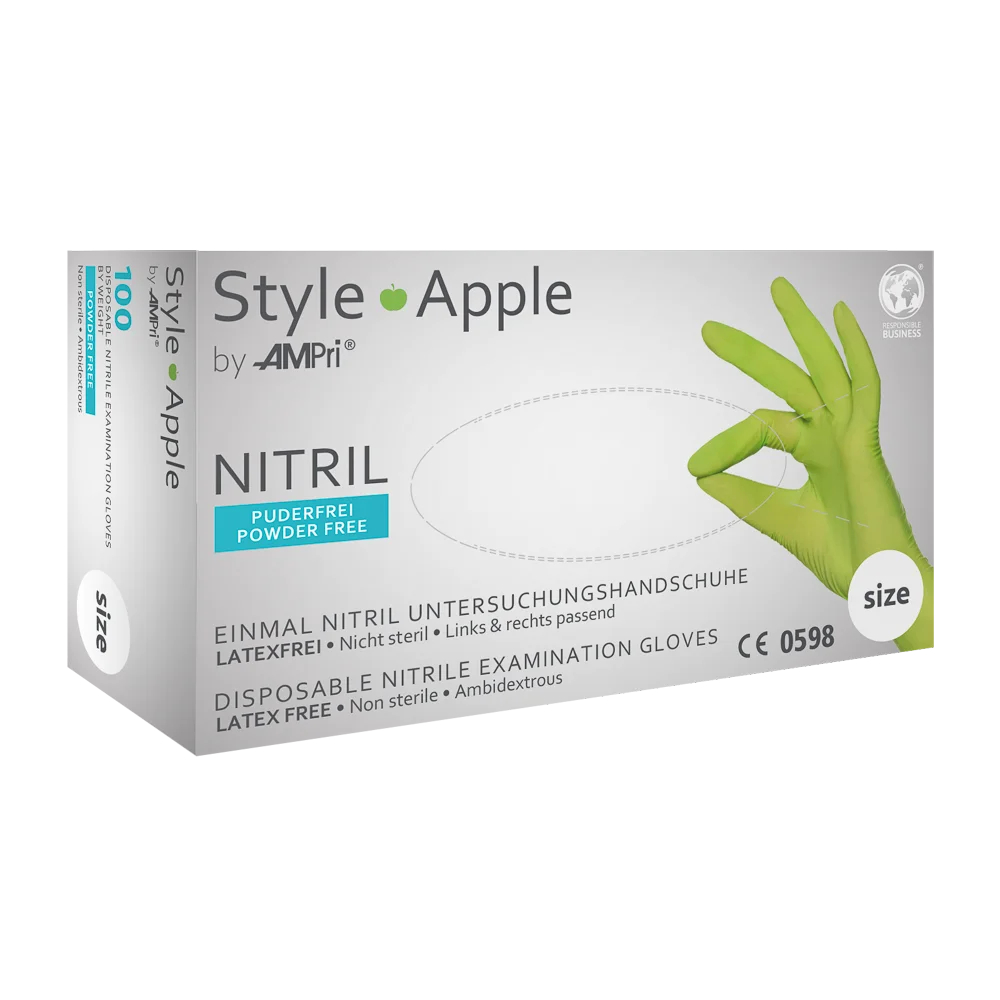 AMPRI-Einwegschutz, Einweg-Nitril-Untersuchungs-Handschuhe, Einmalhandschuhe, STYLE APPLE, puderfrei, apfelgrün, VE = 10 Pkg. á 100 Stück