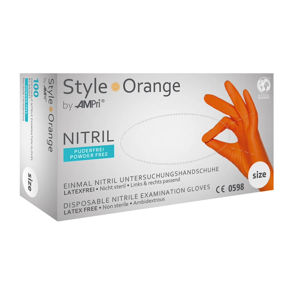 AMPRI-Einwegschutz, Einweg-Nitril-Untersuchungs-Handschuhe, Einmalhandschuhe, STYLE ORANGE, puderfrei, orange, VE = 10 Pkg. á 100 Stück