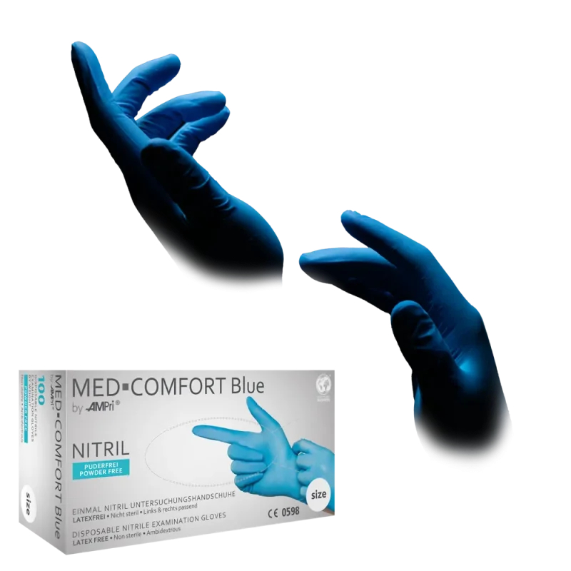 AMPRI-Einwegschutz, Einweg-Nitril-Untersuchungs-Handschuhe, Einmalhandschuhe, BLUE COMFORT, puderfrei, blau, VE = 10 Pkg. á 100 Stück