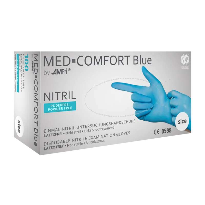 AMPRI-Einwegschutz, Einweg-Nitril-Untersuchungs-Handschuhe, Einmalhandschuhe, BLUE COMFORT, puderfrei, blau, VE = 10 Pkg. á 100 Stück
