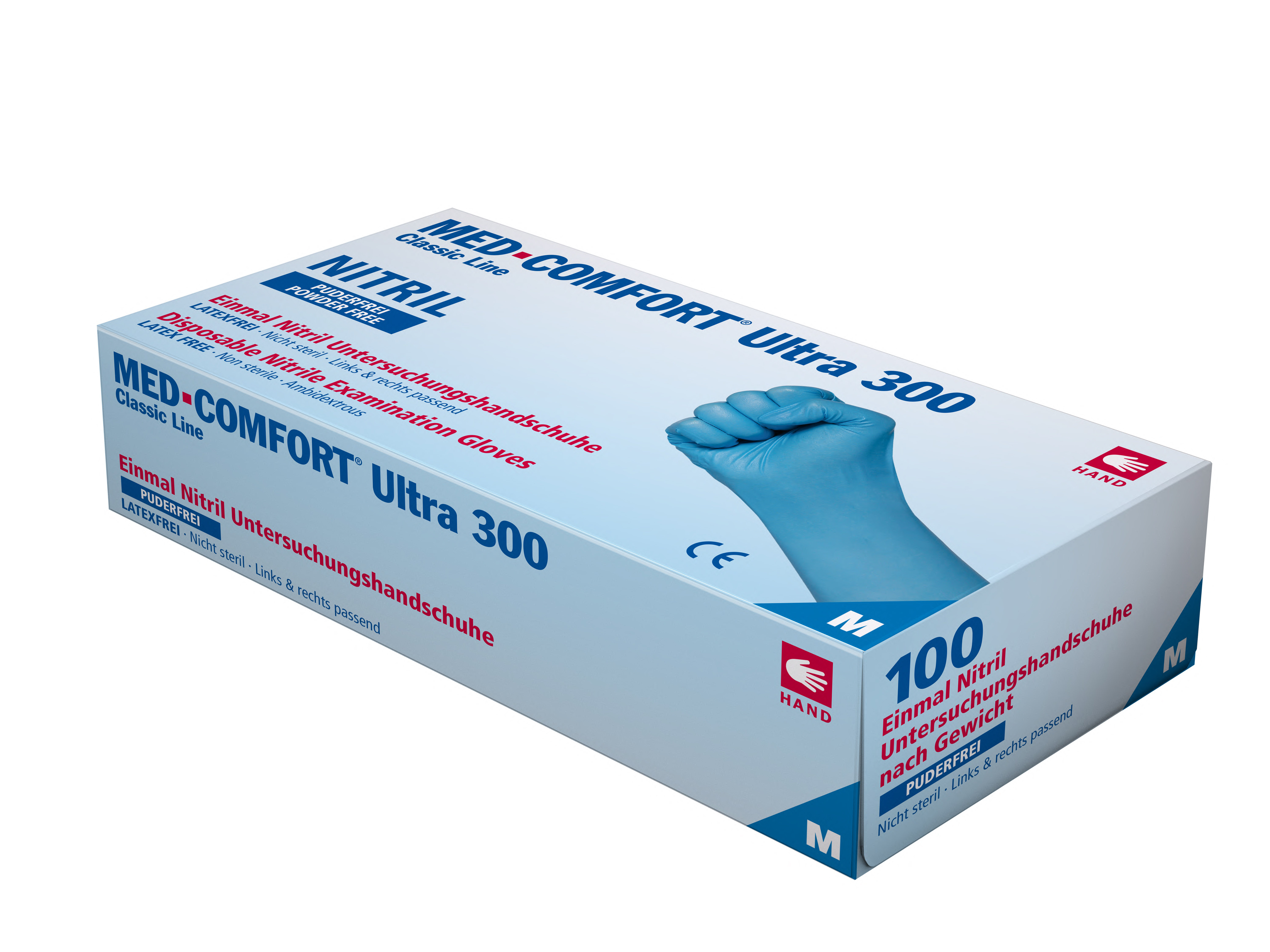 AMPRI-Hygiene, Einweg-Nitril-Handschuhe, Einmalhandschuhe, MED COMFORT BLUE ULTRA 300, puderfrei, blau, VE = 10 Pkg. á 100 Stück