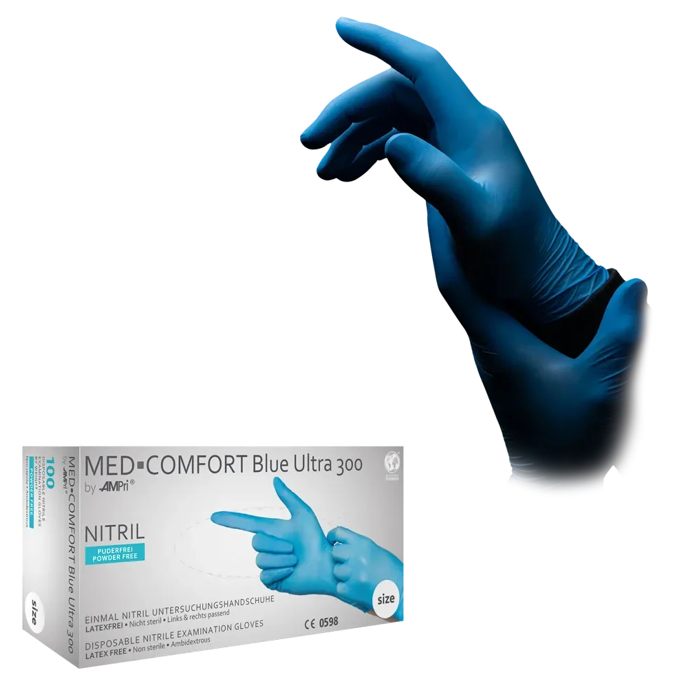 AMPRI-Einwegschutz,  Einweg-Nitril-Handschuhe, Einmalhandschuhe, MED COMFORT BLUE ULTRA 300, puderfrei, blau, VE = 10 Pkg. á 100 Stück