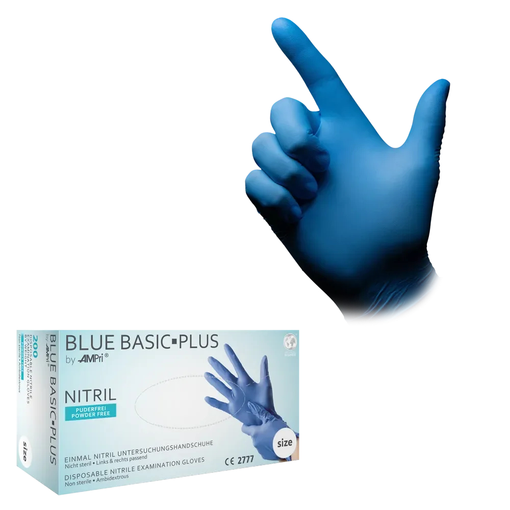 AMPRI-Einwegschutz, Einweg-Nitril-Handschuhe, Einmalhandschuhe, BLUE BASIC PLUS, puderfrei, VE = Pkg. á 200 Stück, blau