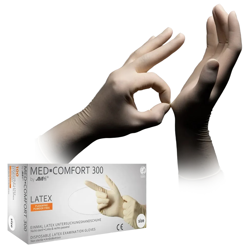 AMPRI-Einwegschutz, Einweg-Latex-Untersuchungs-Handschuhe, Einmalhandschuhe, MED COMFORT 300, puderfrei, weiß, VE = 10 Pkg. á 100 Stück