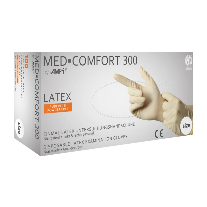 AMPRI-Einwegschutz, Einweg-Latex-Untersuchungs-Handschuhe, Einmalhandschuhe, MED COMFORT 300, puderfrei, weiß, VE = 10 Pkg. á 100 Stück